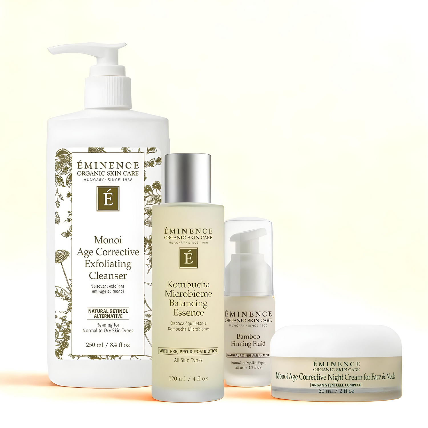 Eminence Organics Ageless Complete Routine (Monoi Age Corrective Exfoliating Cleanser + Kombucha Microbiome Balancing Essence + Bamboo Firming Fluid + Monoi Age Corrective Night Cream for Face &amp; Neck)