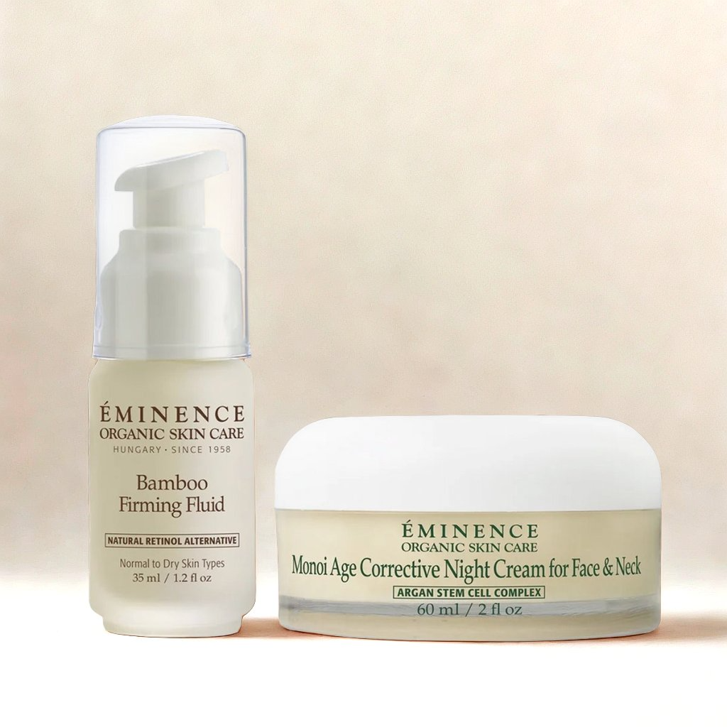 Eminence Organics Overnight Renewal Bundle (Bamboo Firming Fluid + Monoi Age Corrective Night Cream for Face &amp; Neck)