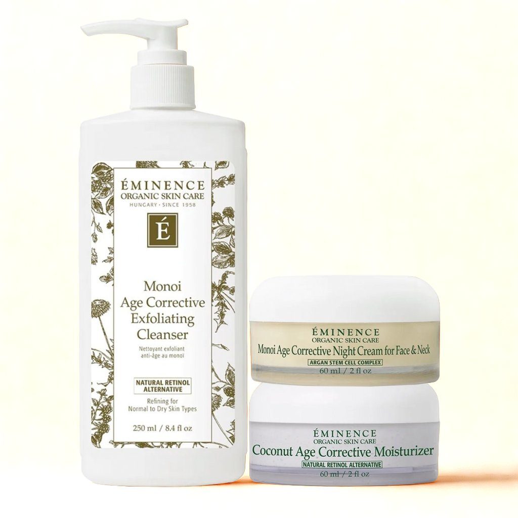 Eminence Organics Complete Anti-Aging Routine (Coconut Age Corrective Moisturizer +Monoi Age Corrective Exfoliating Cleanser + Monoi Age Corrective Night Cream for Face &amp; Neck)