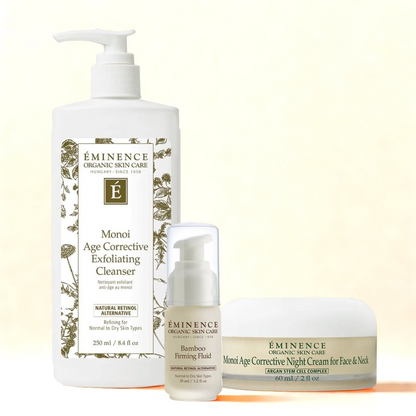 Eminence Organics Glass Skin Trio (Bamboo Firming Fluid + Monoi Age Corrective Exfoliating Cleanser + Monoi Age Corrective Night Cream for Face &amp; Neck)