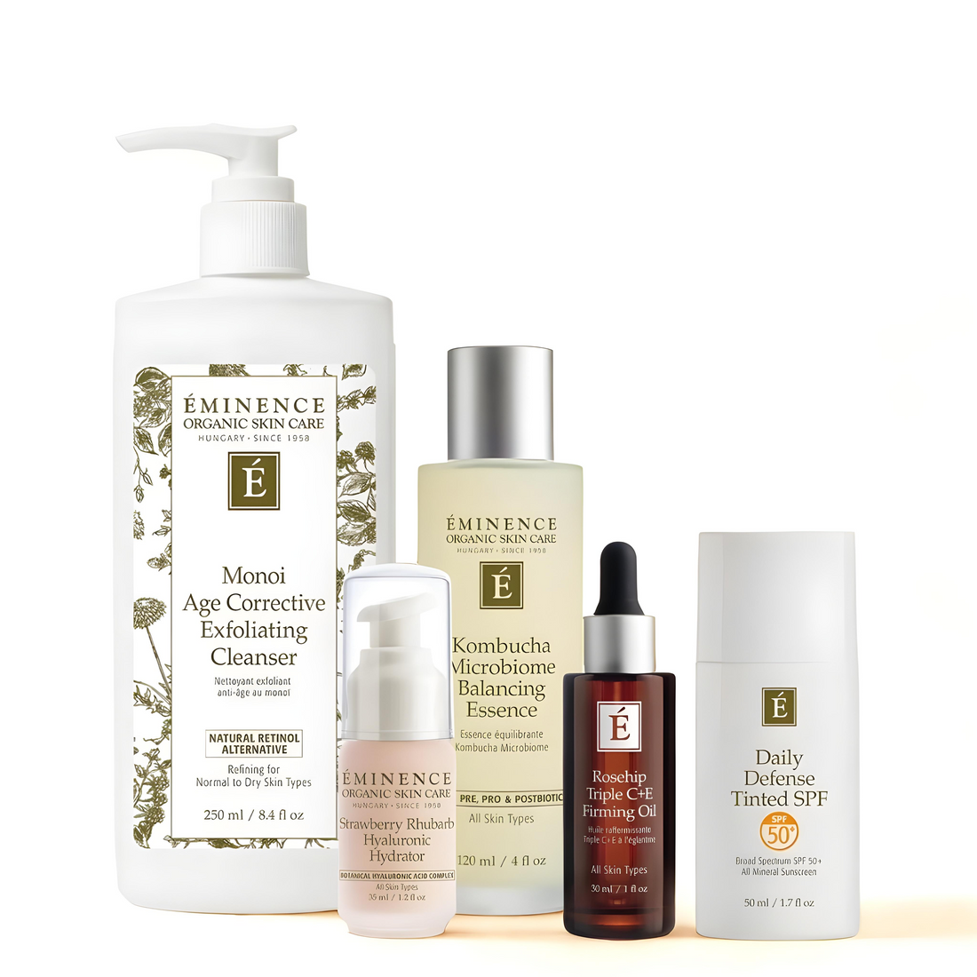 Hydrated and Luminous Skincare Routine (Monoi Age Corrective Exfoliating Cleanser + Kombucha Microbiome Balancing Essence + Strawberry Rhubarb Hyaluronic Hydrator + Rosehip Triple C+E Firming Oil + Daily Defense Tinted SPF 50+)