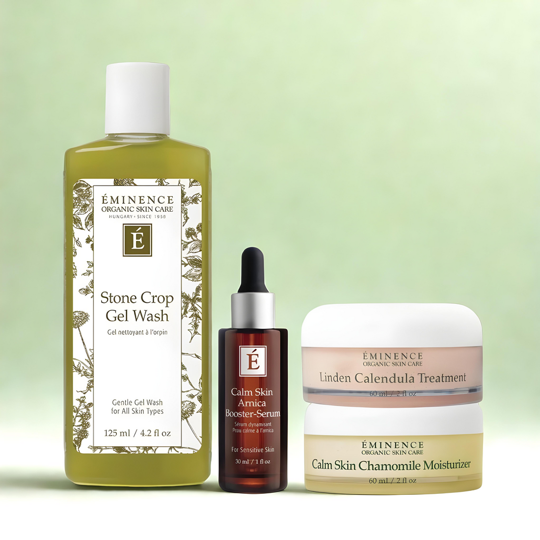Eminence Organics Sensitive Relief Bundle (Stone Crop Gel Wash + Calm Skin Arnica Booster-Serum + Calm Skin Chamomile Moisturizer + Linden Calendula Treatment)