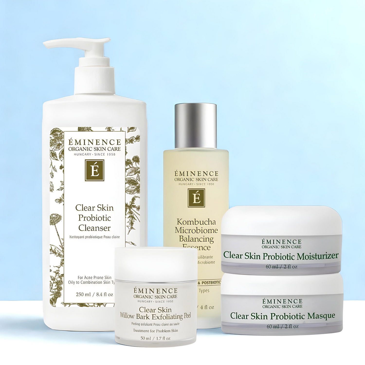 Eminence Organics Clarity Bundle (Clear Skin Probiotic Cleanser + Kombucha Microbiome Balancing Essence + Clear Skin Probiotic Moisturizer + Clear Skin Willow Bark Exfoliating Peel + Clear Skin Probiotic Masque)