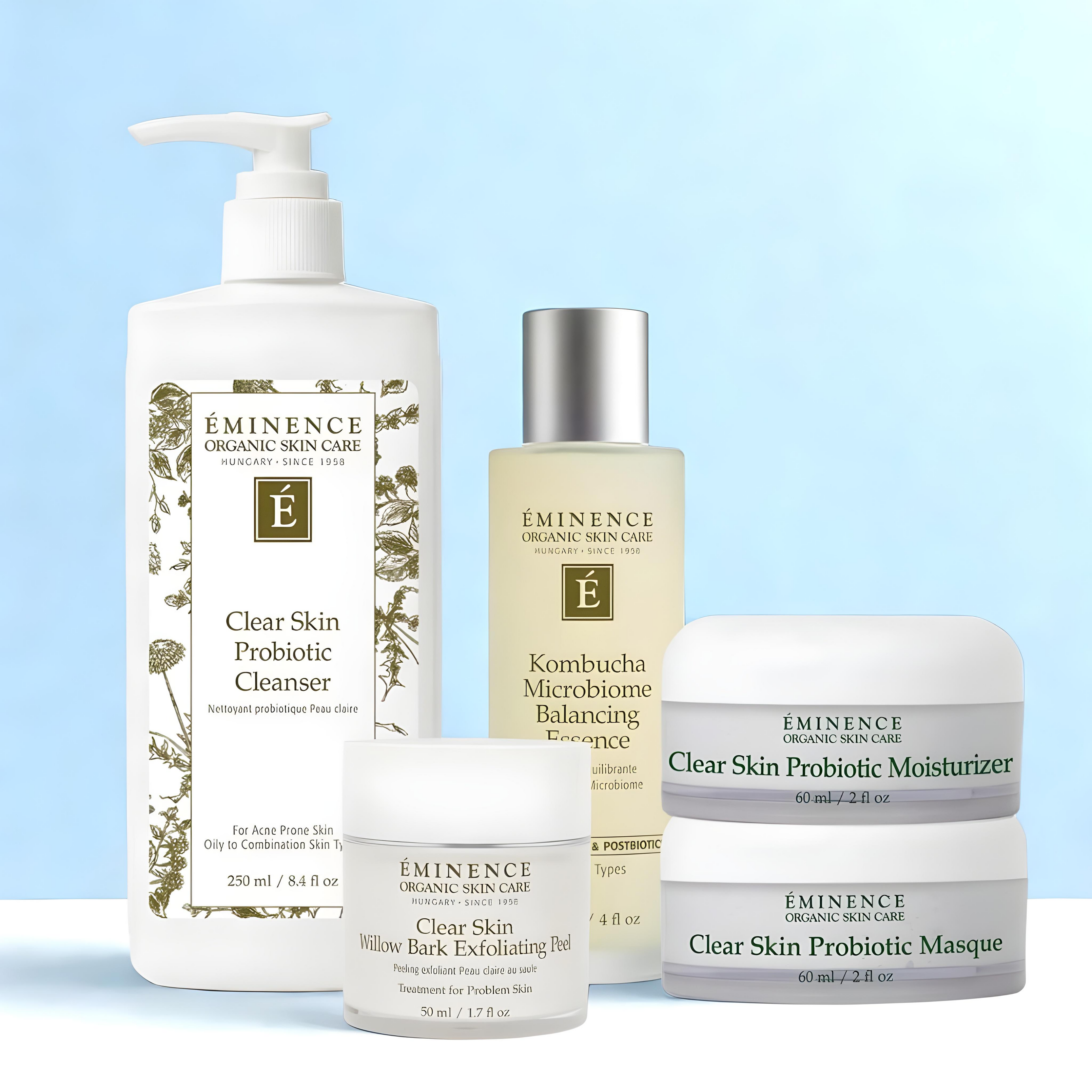Eminence Organics Clarity Bundle (Clear Skin Probiotic Cleanser + Kombucha Microbiome Balancing Essence + Clear Skin Probiotic Moisturizer + Clear Skin Willow Bark Exfoliating Peel + Clear Skin Probiotic Masque)